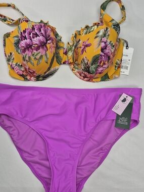 Shade & Shore Floral Underwire Bikini Top 34DD with Hot Orchid Pink Bottoms sz X